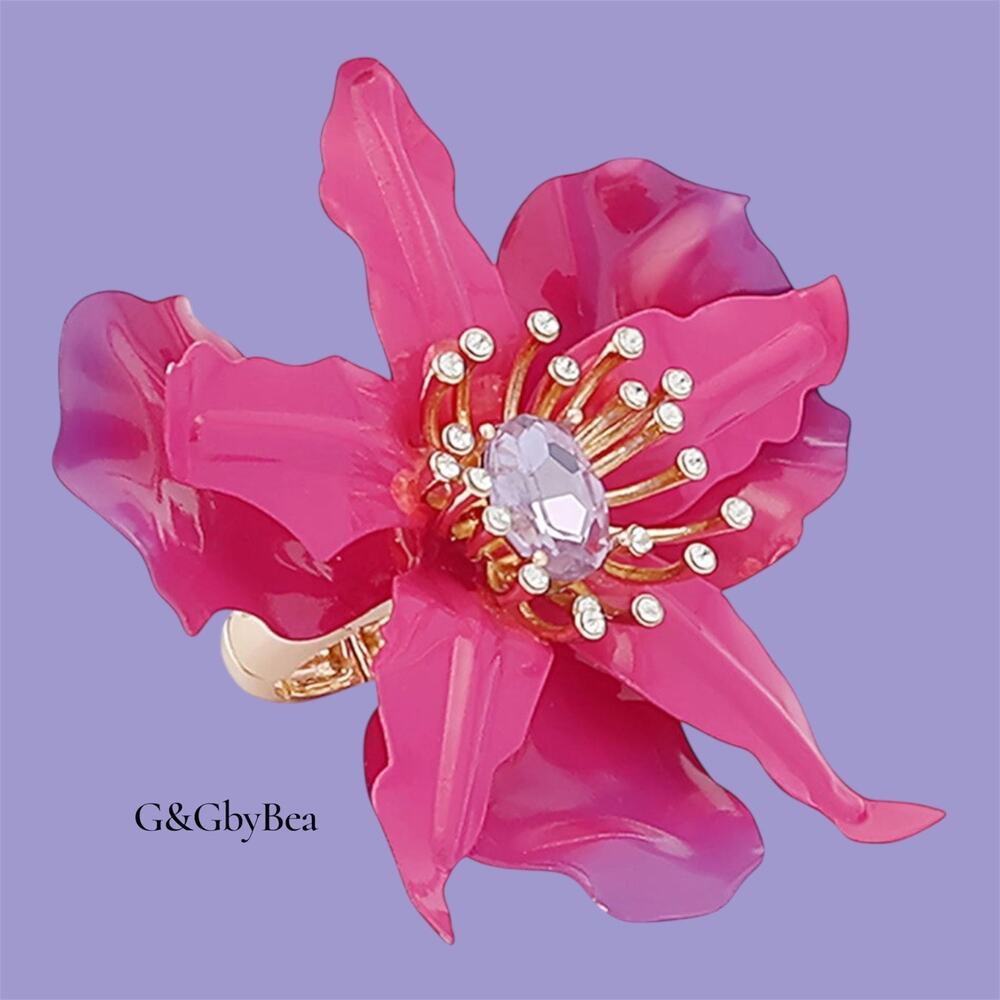 Betsey Johnson large orchid cocktail Purple Pink Stretch Ring - Picture 4 of 7